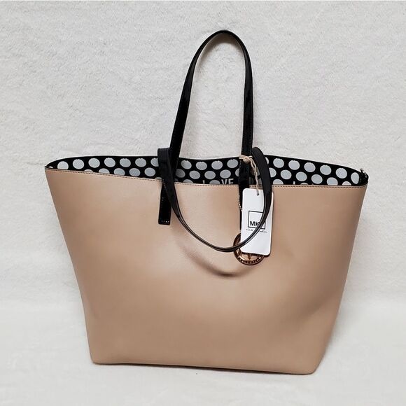 MIA K. Collection Taylor Reversible Tote Taupe Black White Polka Dot LOVE Purse - Picture 5 of 14